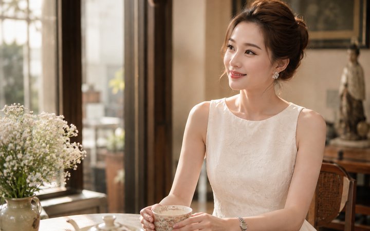 Chị Hân bên tách trà